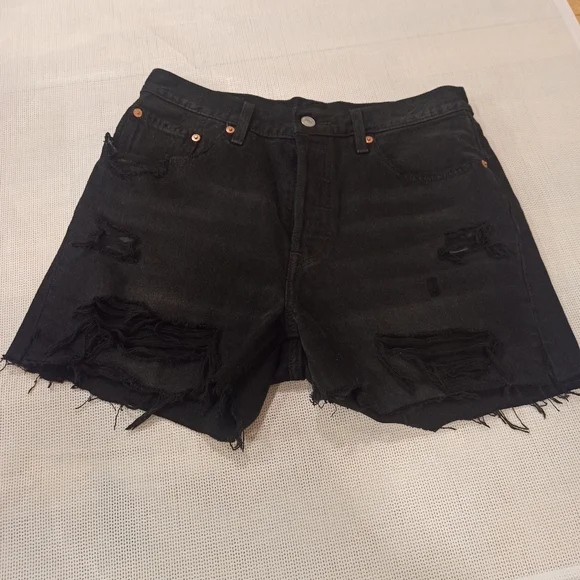 Levis 501 Jean Shorts Womens Size 28 Black Stowaway Distressed Cutoffs - Picture 1 of 16